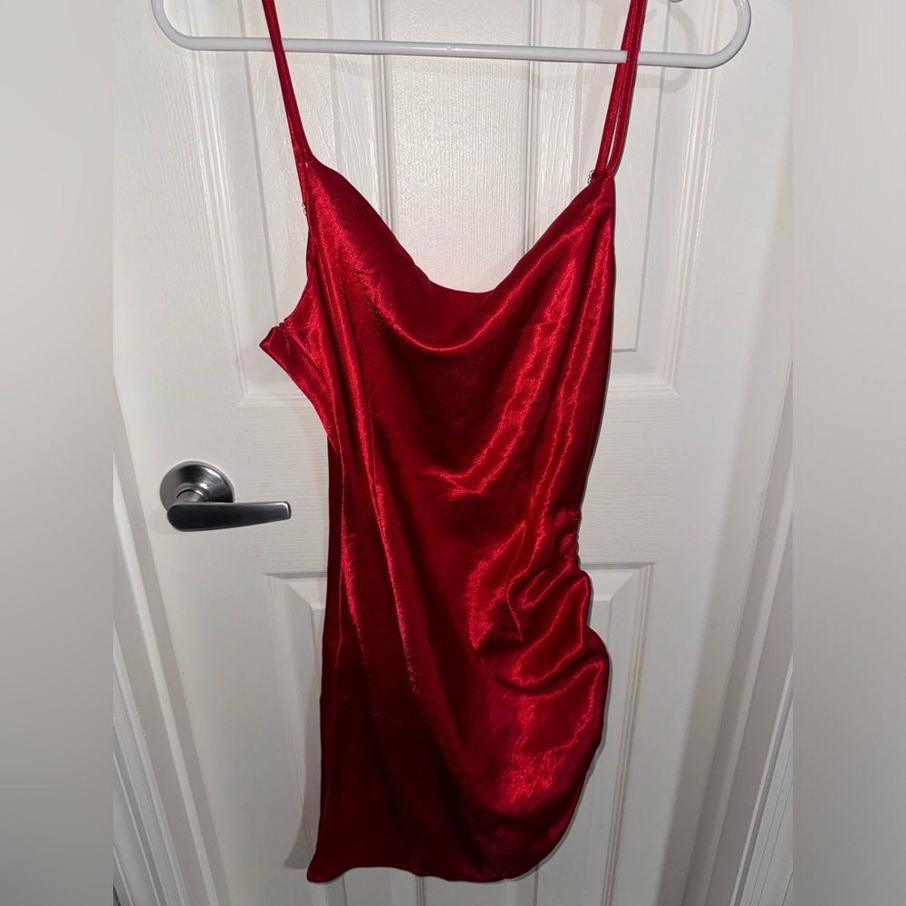 Drawstring side cami red satin dress